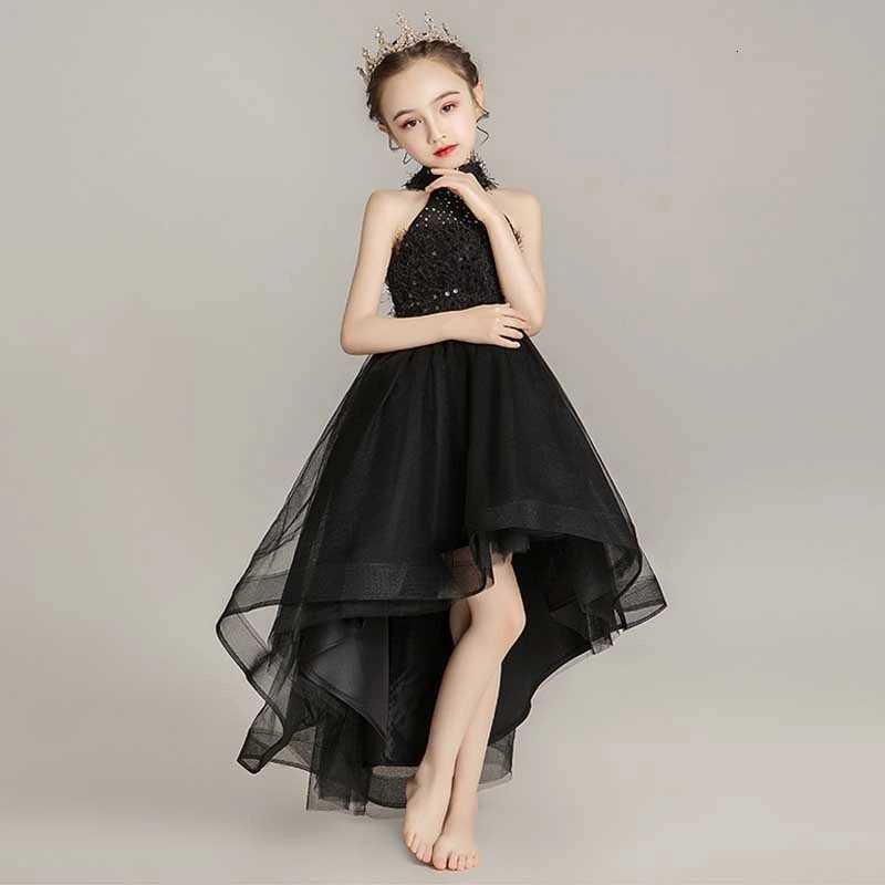 Children Princess Girl Qipao Long Birthday Evening Gown China Baby Chinese New Year Clothes Black Sleeveless Cheongsam Kids
