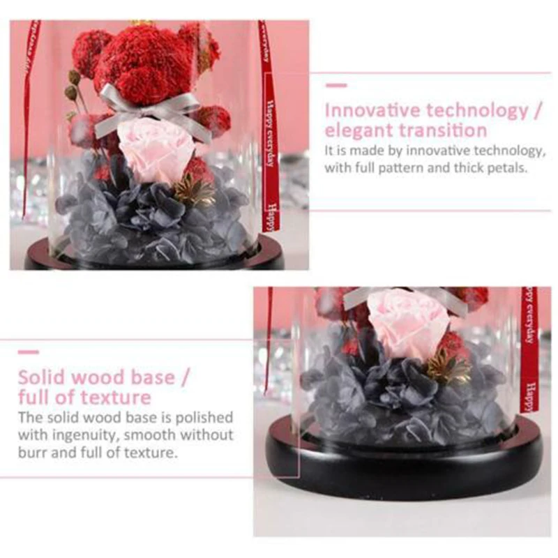 

Beautiful Bear Rose Flower Glass Cover Led Light Mother's Valentine's Day Gift A1