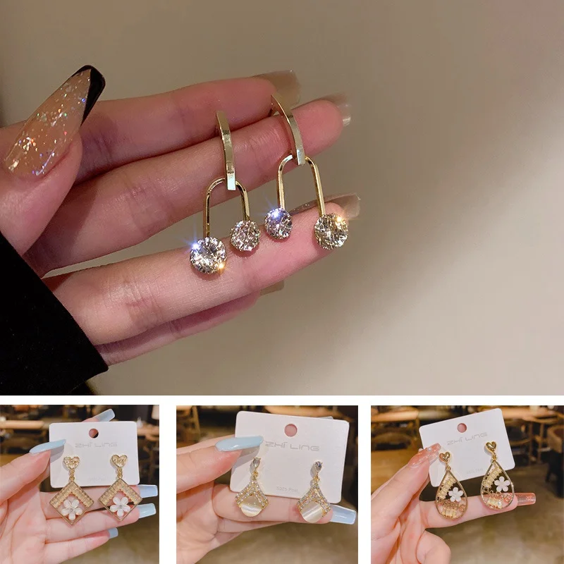 

New Geometric Metal U-shaped Earrings Simple Temperament Leaf Inlaid Zircon Pendant Light Luxury High-end Earring Female Jewelry