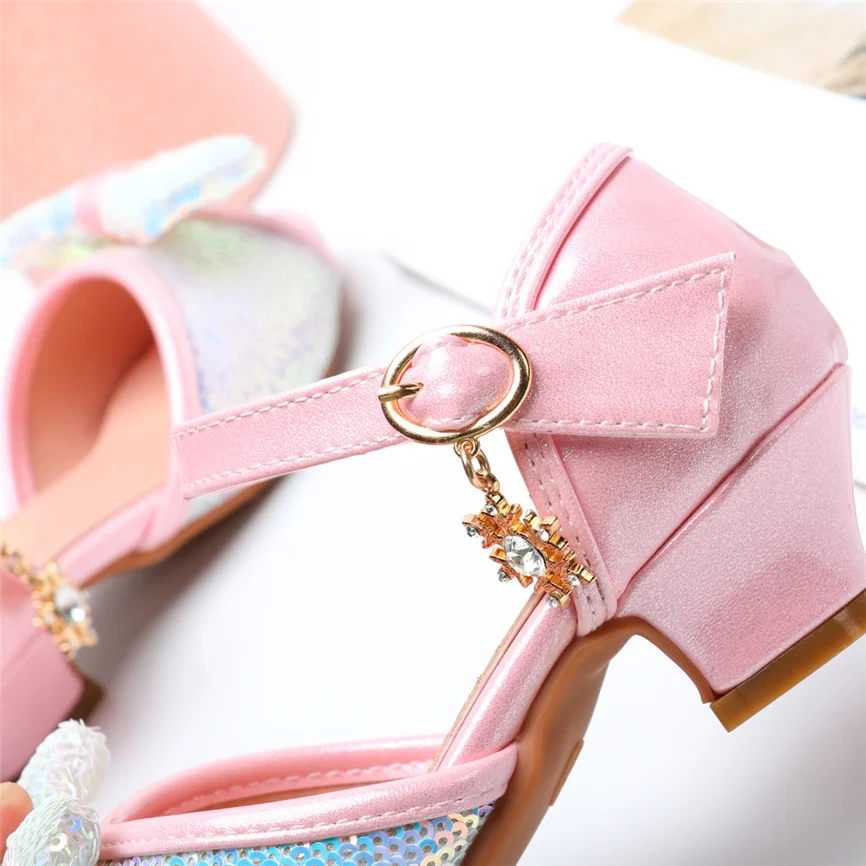 Детская обувь для девочек на высоком каблуке Детские блестящие туфли принцессы с