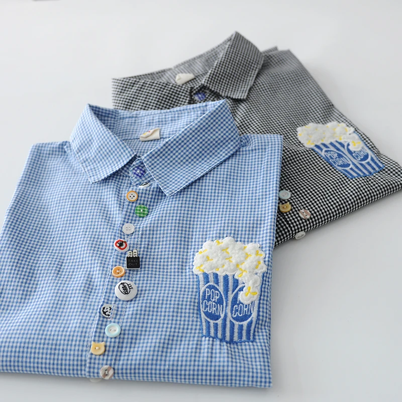 Хлопковая рубашка с длинными рукавами и пуговицами вышитым мультяшным