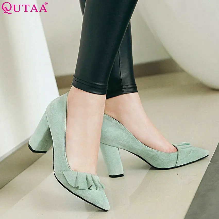 Женские свадебные туфли лодочки QUTAA черные из флока на платформе с острым носком