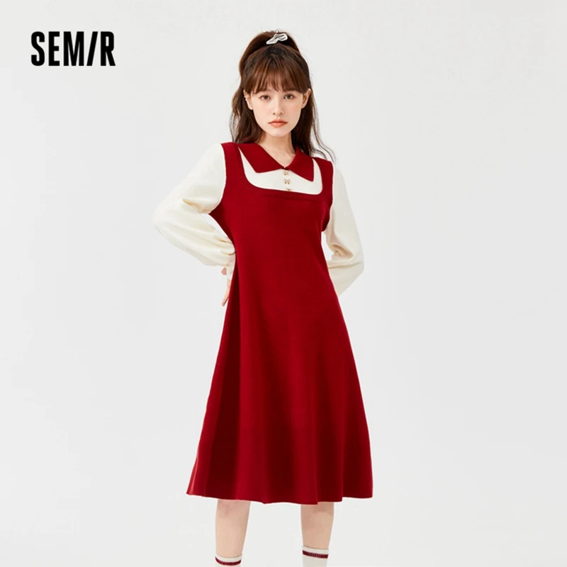 

SEMIR Dress Women Stitching Fake Two-Piece Bowknot 2021 Winter New Self-Cultivation Contrast Color Lapel Dresses Sweet