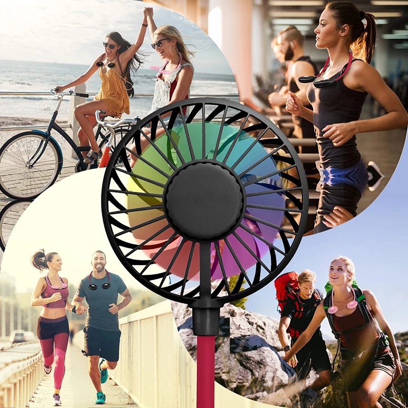 

Portable Mini Neckband Fan Lazy Neck Hanging Dual Cooling Head with Colorful LED Lighting for Travel Outdoor USB Rechargeable