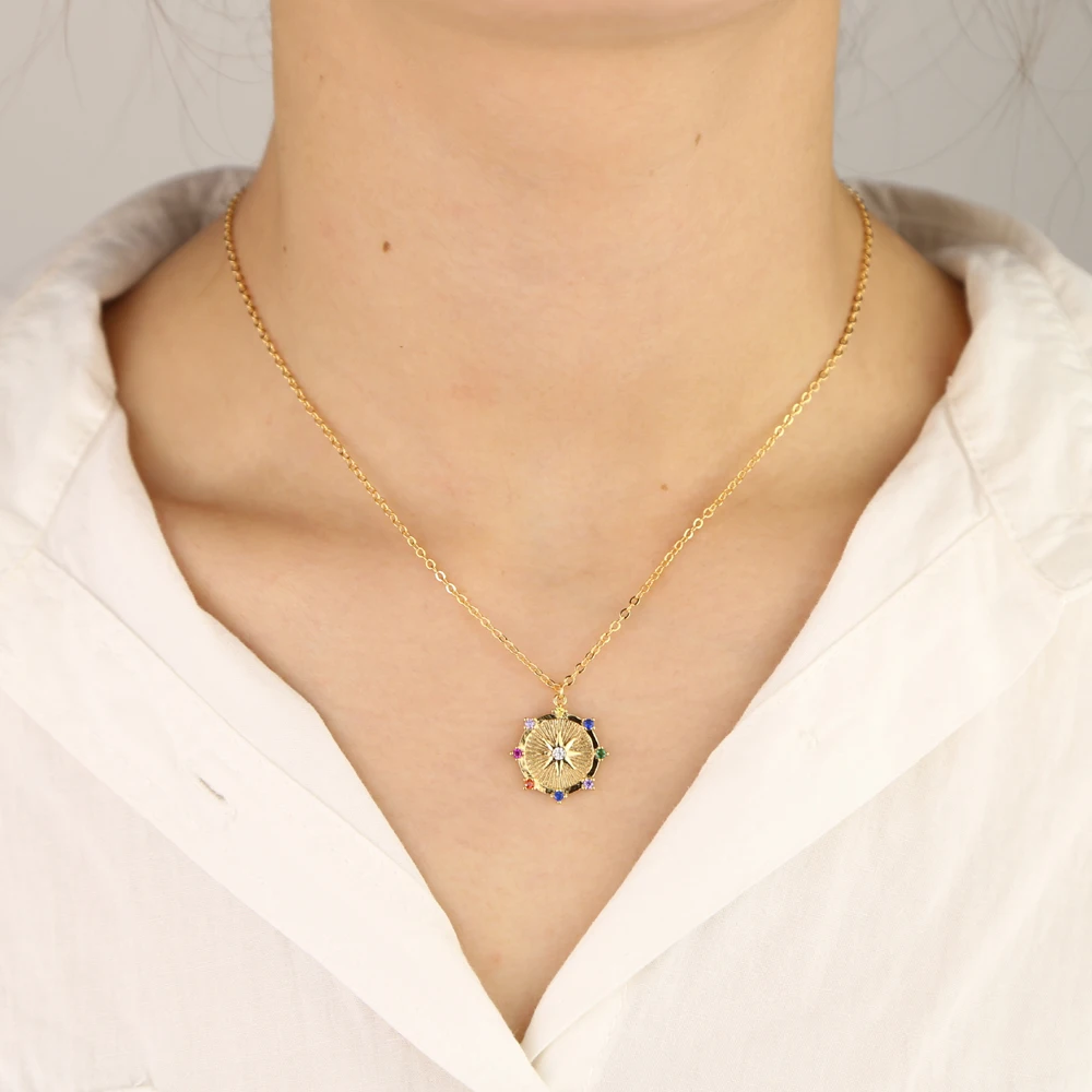 

Hot sale drop shipping colorful cz charm Gold filled star lucky necklace paved rainbow stone coin delicate charm pendant jewelry