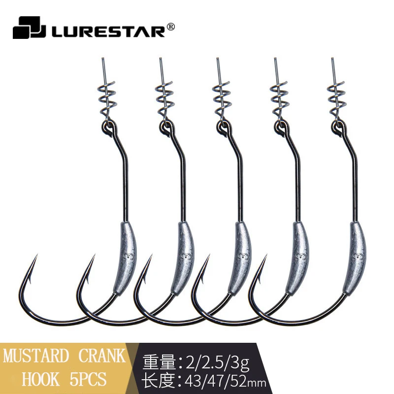

5 шт., 2 г, 2,5 г, 3 г, рыболовный крючок Mustad, джиг-головка с зазубринами, свинцовый крючок, Техасский Смещенный круглый крючок для карпа, Мягкая приманка, противоскользящая пружина