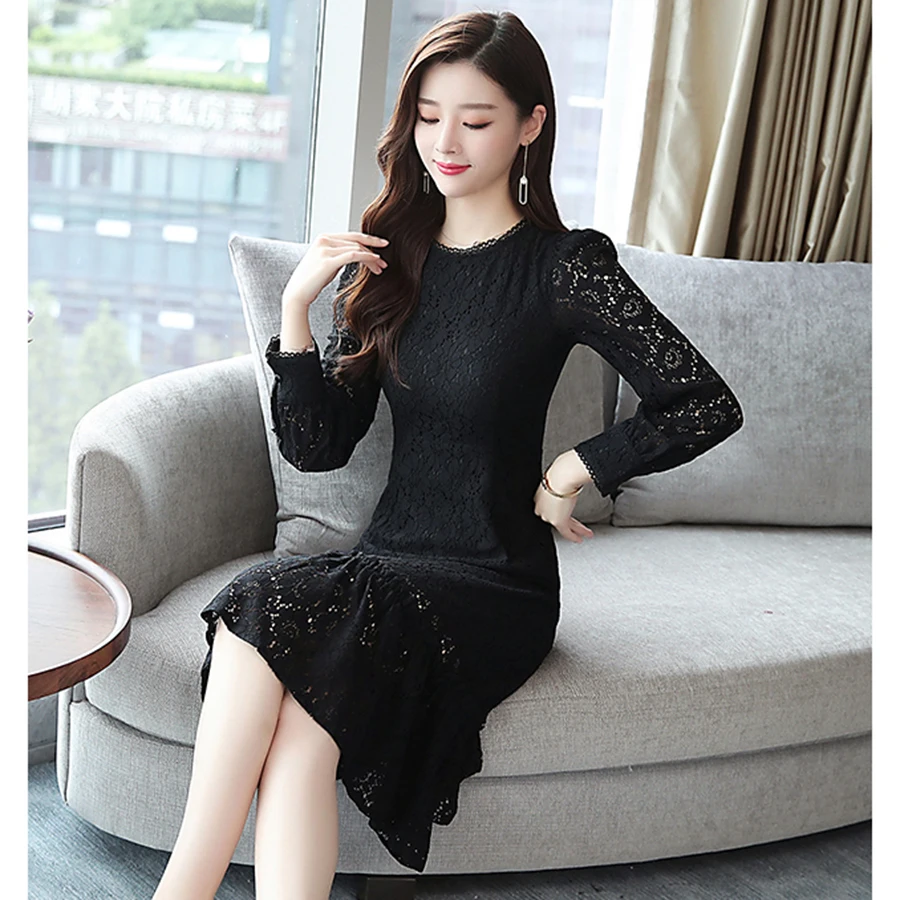 

2021 Vintage Plus Size Solid Long Sleeve Dresses Autumn Winter Black Lace Sexy Midi Dresses Classy Women Bodycon Party Vestidos