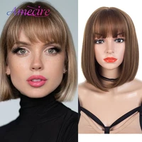 short bob synthetic wigs with bangs brown short bob wigs for women heat resistant cosplay hair daily wig