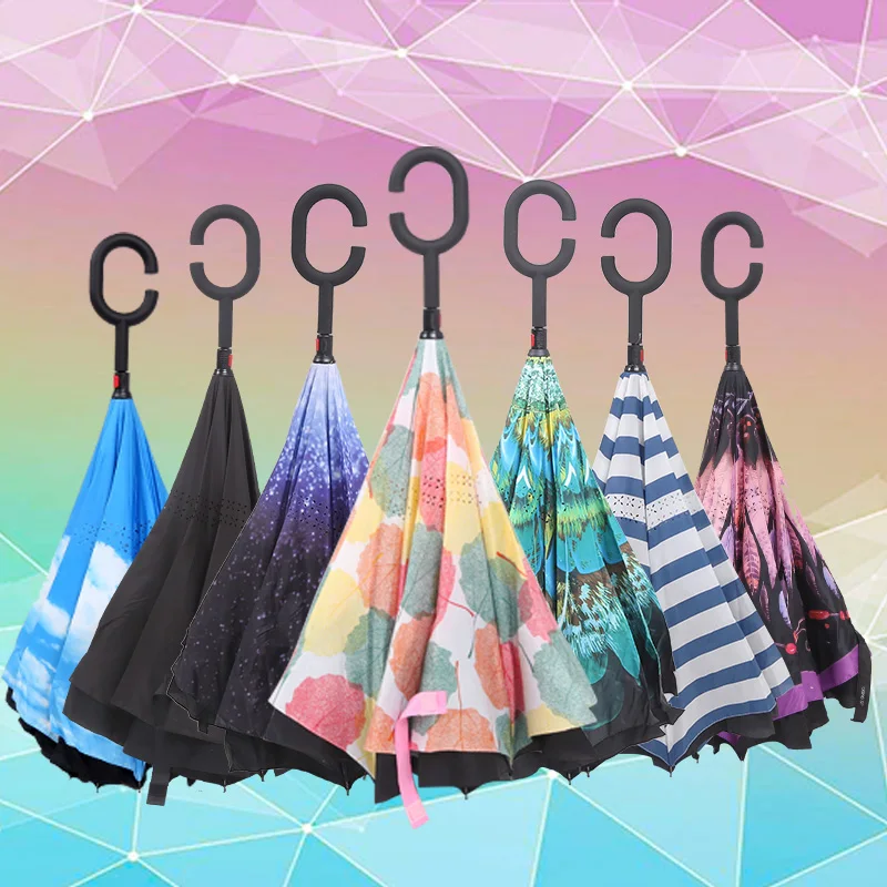 Горячая продажа ветрозащитный складной двойной слой перевернутый зонтик от