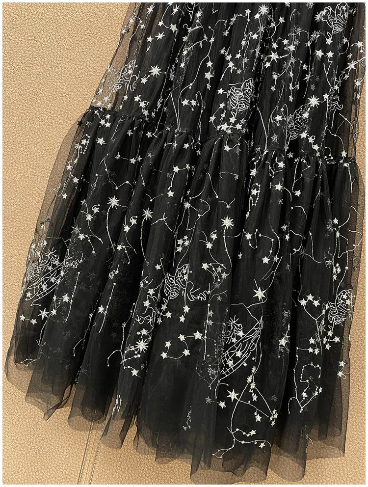 

Woman's Dress Heavy Industry Embroidered Flower Prom Party Elegant Swing Mesh Long Dress With Belt 2020