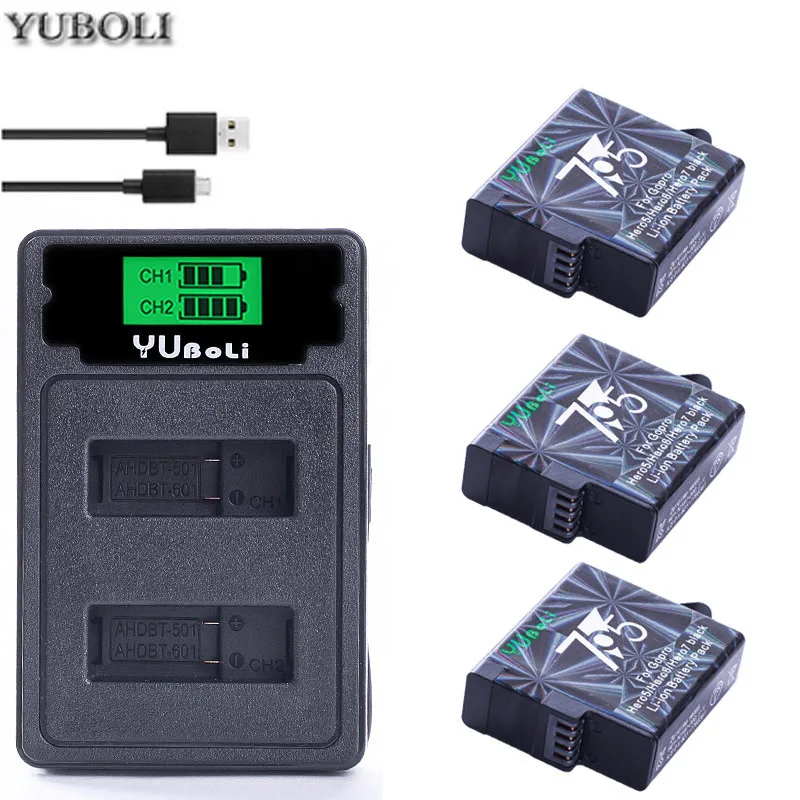 charger and 3battery 4 x Gopro hero 7 батареи Gopro5 батареи+ lcd двойное USB зарядное устройство для GoPro GO PRO hero 5 hero 5 6 7 hero 7 Черные Аксессуары для камеры - Цвет: charger and 3battery