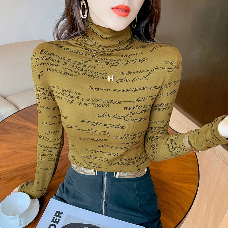 

Женская Модальная футболка с длинным рукавом, осенняя Черная куртка с надписью, тонкая Облегающая рубашка с полувысоким воротником