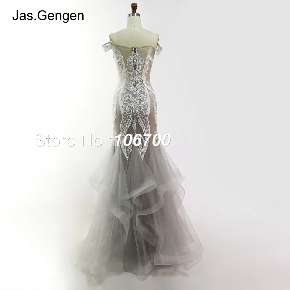 Amazing Mermaid Prom Dresses Embroidery Lace with Stones Sheer Illusion V Neck Off Shoulder Ruffle Long Light Gray Evening Gowns