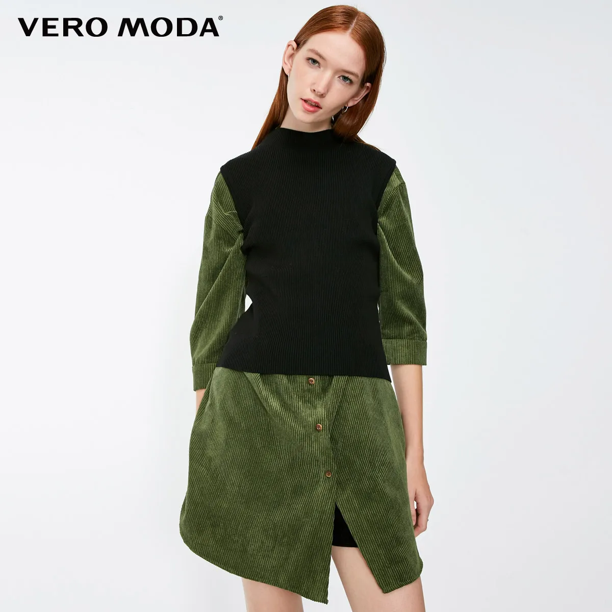 Vero Moda Новые поступления OL Стиль Круглый вырез из двух частей 3/4 рукава платье | 318431508 - Цвет: Rifle green