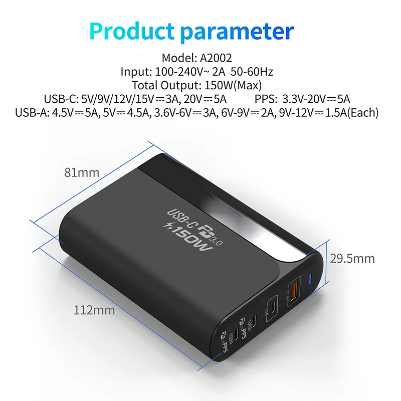 Зарядное устройство TQUQ 150 Вт адаптер питания GaN 4 порта PD 100 PPS 65 45 QC4.0 для MacBook iPhone12