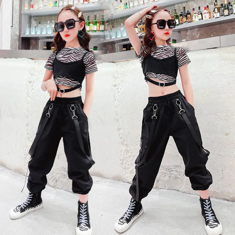 

Teen Girls Summer Outfits Fashion Black Plaid Patchwork Crop Top+Cargo Pants Chain Three Pieces Streetwear Teenage Clothes 5-14Y