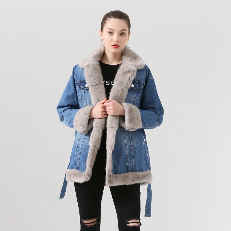 gray QIUCHEN PJ19041 2019новое поступление, женская зимняя джинсовая куртка с отделкой из натурального меха норки на подкладке, Лидер продаж - Цвет: gray