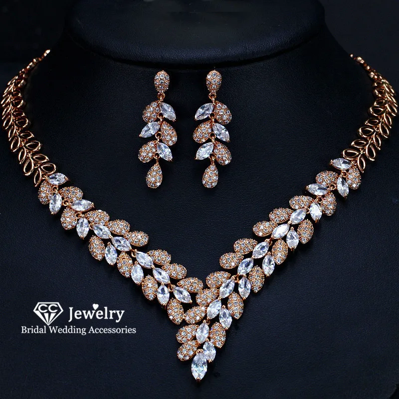 

CC Wedding Bridal Jewelry Sets for Women Necklace Drop Earrings Bridesmaids Leaf Shape Party Fine Gift Inlay CZ Luxury T0120