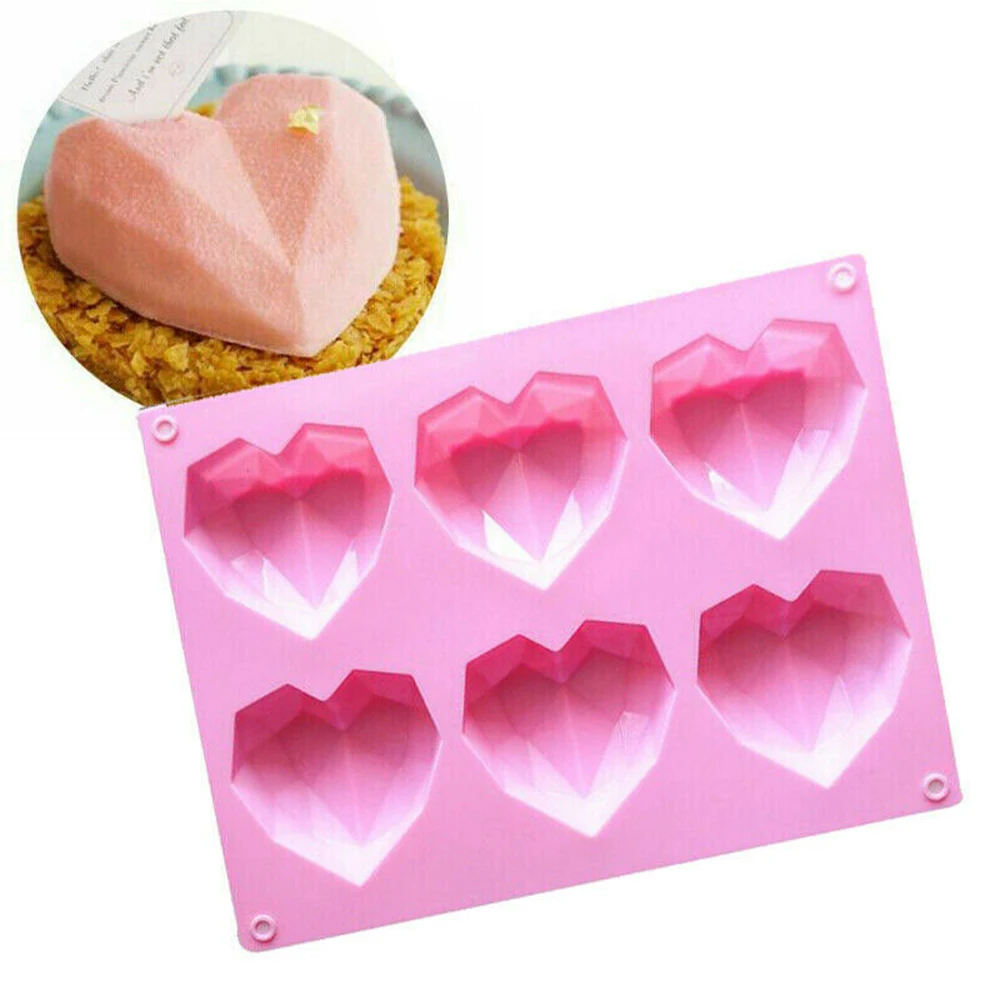 

6 Cavity Diamond Love Heart Silicone Molds for Baking Sponge Cakes Mousse Chocolate Dessert Bakeware Pastry Tools Baking Mold