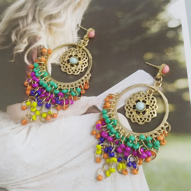 

New Ethnic Indian Exaggerated Gold ColorResin Beaded Statement Long Dangle Earrings For Women Boho Party Jewelry Gift