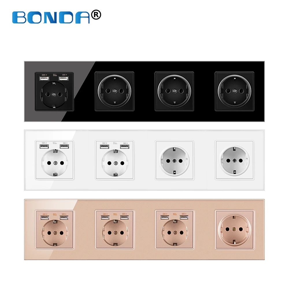 

EU Standard Power Socket Electrical Outlet Crystal Glass AC 110~250V 16A Wall Power Sockets 344mm * 86mm Kids Safety Protection
