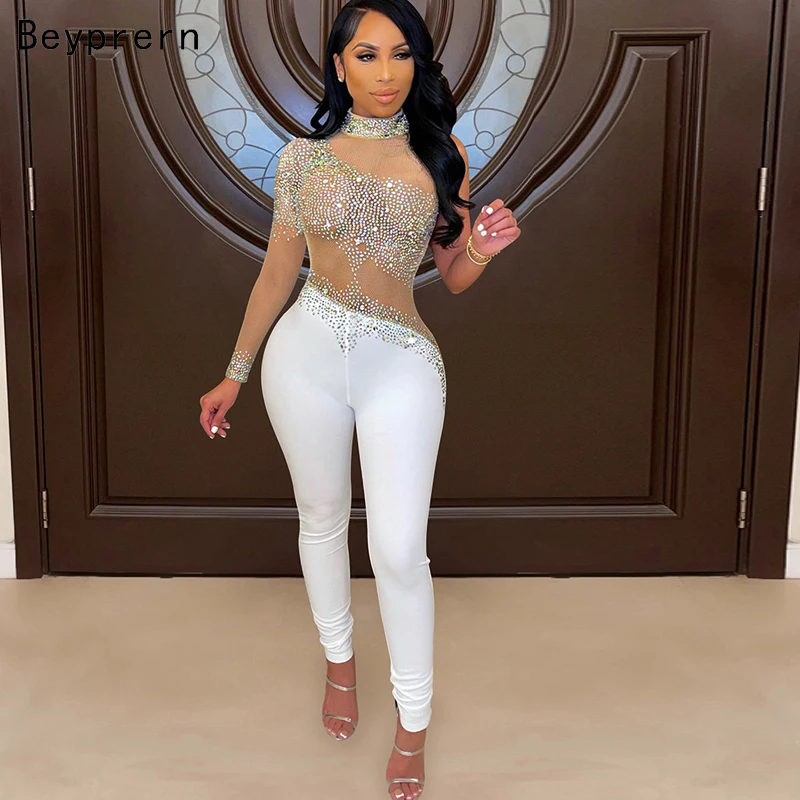 

Beyprern Chic See Through Mesh Patchwork Crystal Jumpsuit Sparkle One Sleeve Rhinestone Rompers Womens Jumpsuit Birthday Outfits