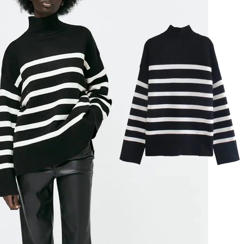 

Xypskh Za Women Winter New Fashion Striped Loose Knitted Sweater Vintage High Neck Long Sleeve Female Pullovers Chic Tops