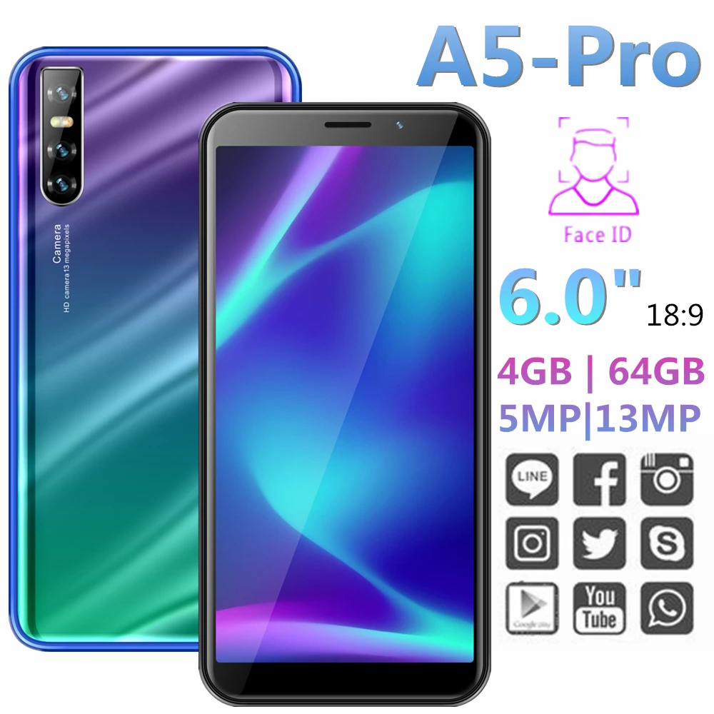 Мобильный телефон A5 Pro, 18:9, 6,0 дюймов, 4 Гб ОЗУ, 64 Гб ПЗУ, камера 13 МП, смартфоны, Android, распознавание лица, разблокировка мобильных телефонов