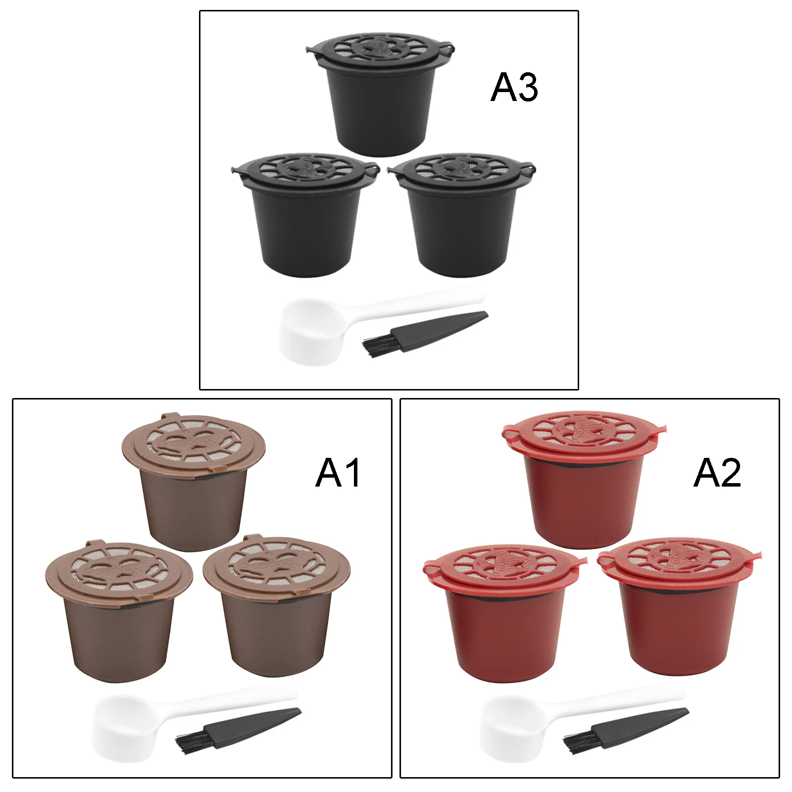 

3pcs Reusable Nespresso Coffee Capsules Cup With Spoon Brush Black Refillable Coffee Capsule Refilling Filter Coffeeware Gift