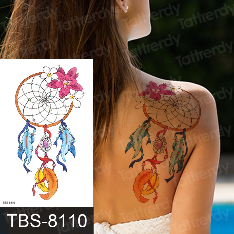 

dreamcatcher tattoo sticker women back arm tatoo sleeve flower feather shoulder wrist tattoos waterproof for girls body art