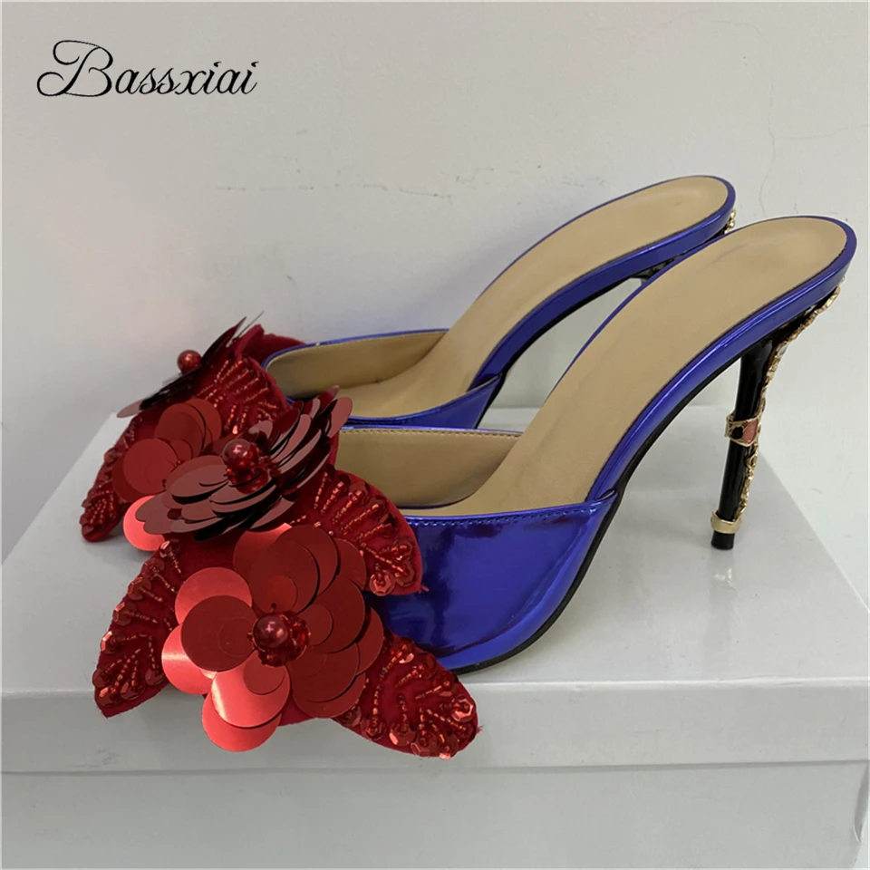

Sequins Flower Runway Mules For Girls Lady Metal Petal Decor Thin High Heels Peep Toe Patent Leather Slingback Sandals Women