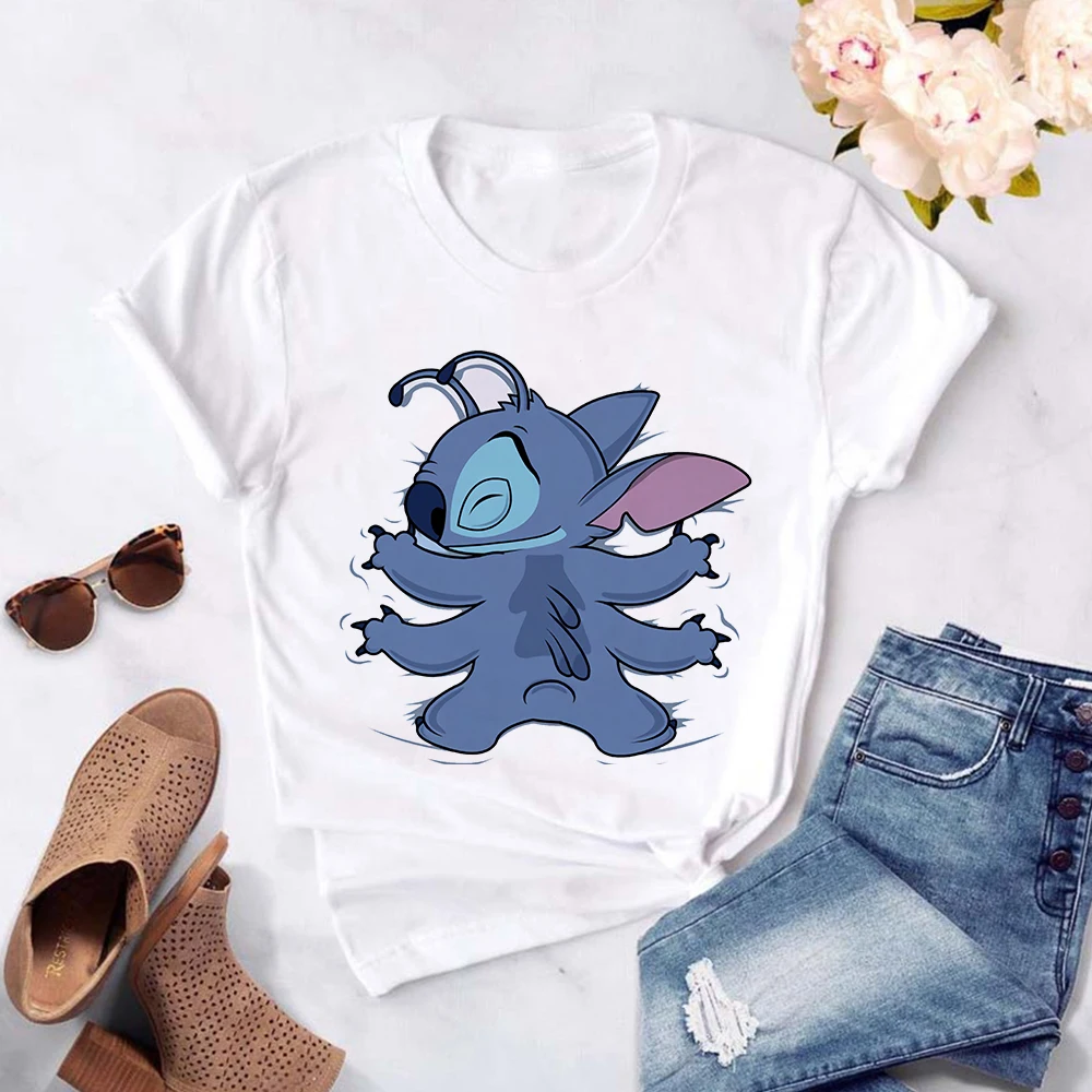 

Disney Cute Stitch Hugging you Printing Fashion Women's T-shirts Soft Girls Short Sleeve Tops Y2K Comfy Oversiz Hipster Clothes