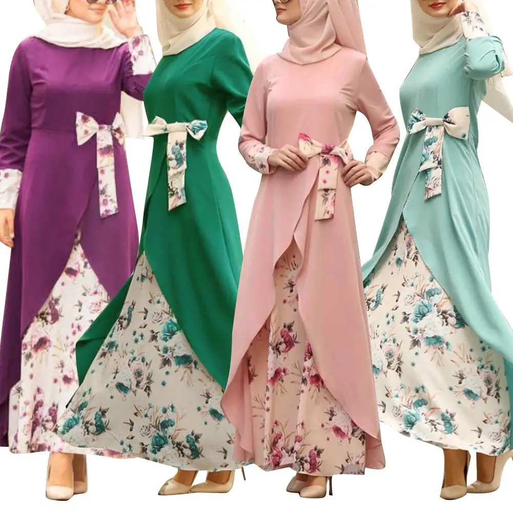 Мусульманское вечернее макси с цветочным узором длинным рукавом и бантом