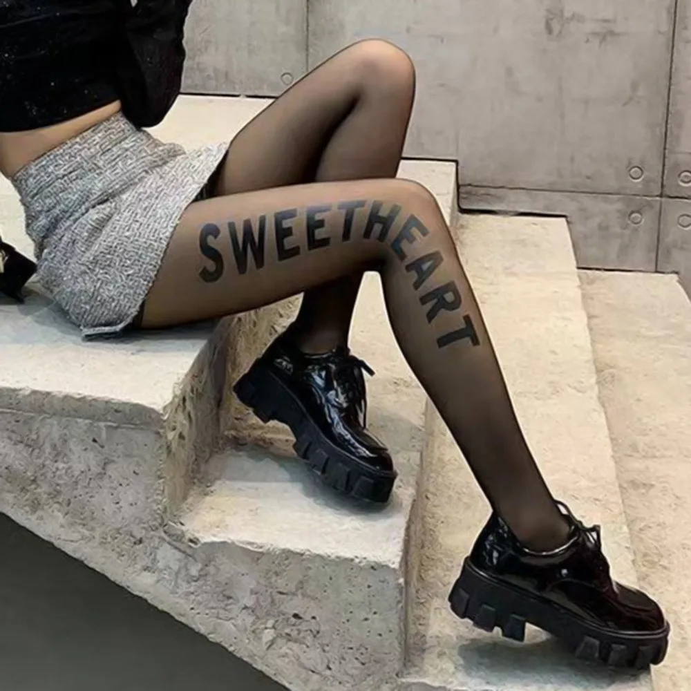 PUIMENTIUA Black Letter Tattoo Tights Women Nylon Transparent Sexy Stockings Sheer Footed Character Pantyhose Dance Club | Женская