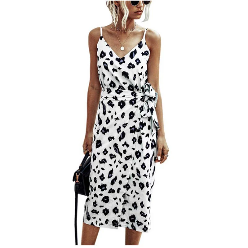 

Women Printed Spaghetti Sling Dress Summer New Style V-neck Sexy Split Belted Dresses WL224