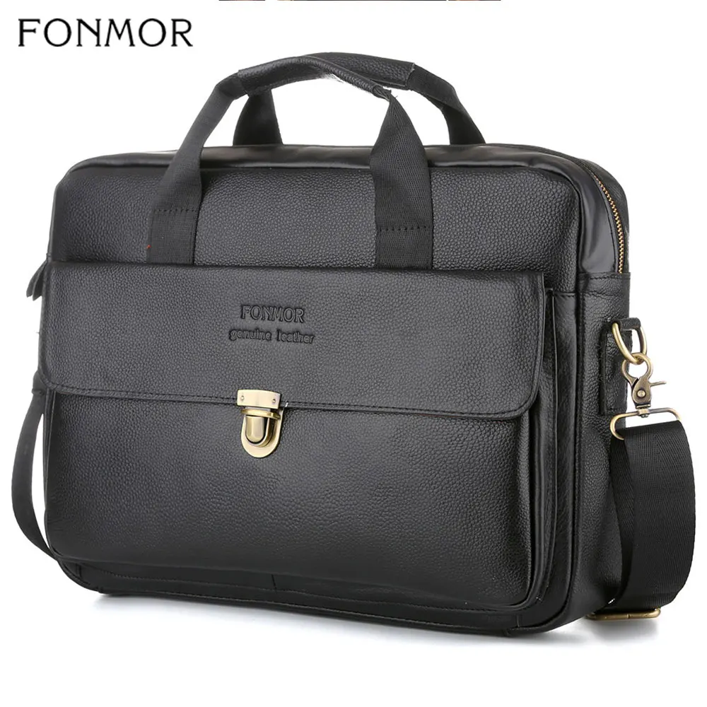 Fonmor модный портфель из натуральной кожи, сумка-мессенджер, сумка для ноутбука, Pc-рабочая воловья кожа, мужские деловые сумки на плечо, Офисная сумка - Цвет: Черный