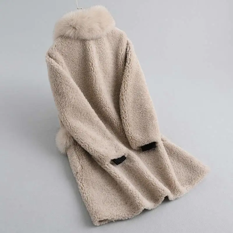 

2020 Real Sheep Shearling Coat Female Fox Fur Collar 100% Wool Coats Winter Jacket Women Korena Long Jackets MY4027