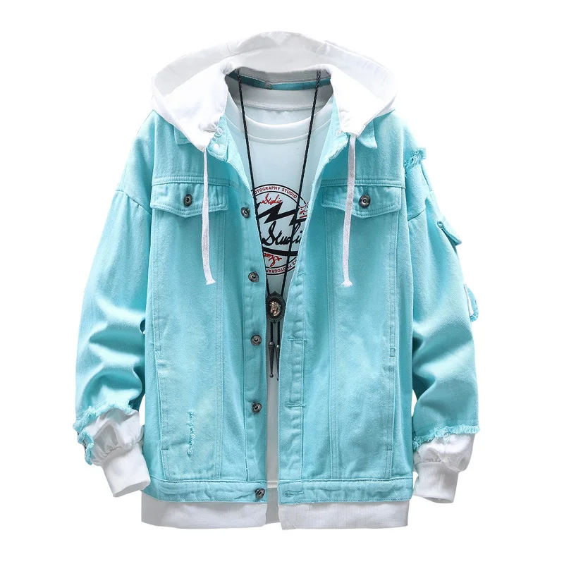 

2021 Pink Black Green Jeans Jacket Men Slim Streetwear Ripped Denim Jacket Hoodie Men Hip Hop Bomber Jacket Homme Autumn