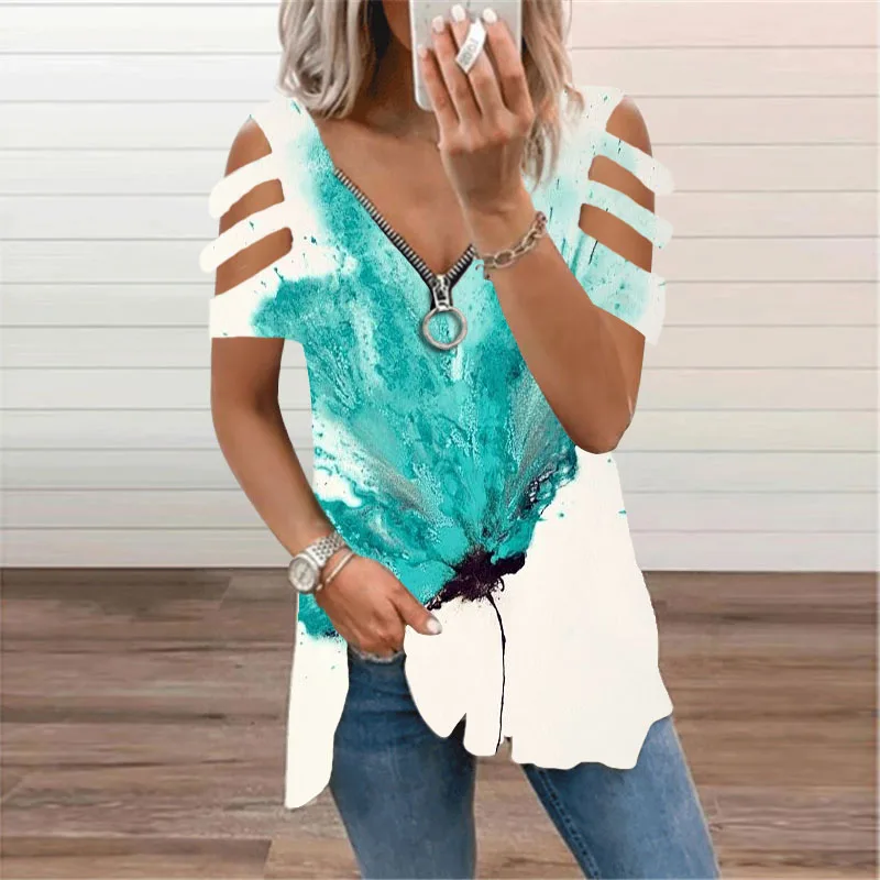 

2021 New Fashion Summer Women's Clothing V-Neck Hollow Out Print T-Shirt Street Style Loose Short Sleeve Plus Size Female Tops
