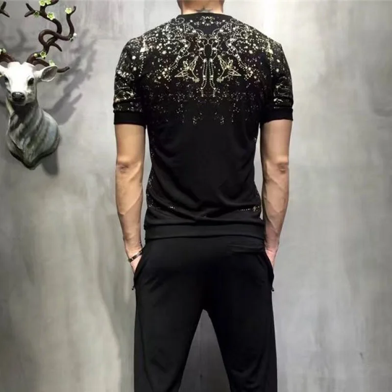 High-quality men's Tracksuit heavy industry sky rhinestone summer best selling casual t-shirt+shorts 2-piece suit | Мужская одежда