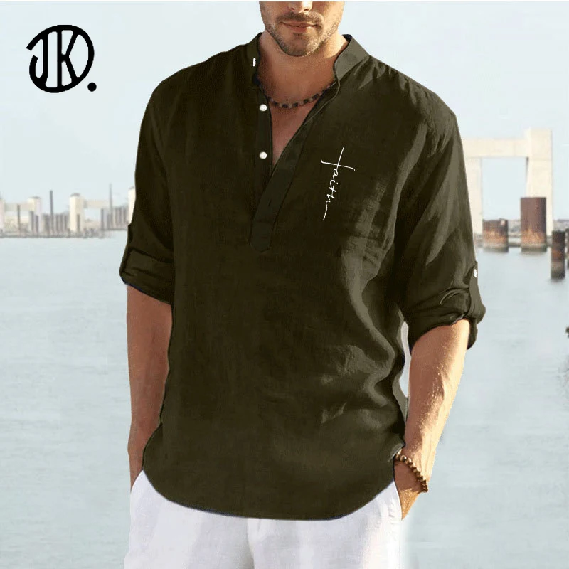 

Casual Men Long-sleeve Polo T Shirt Spring/Autumn Loose English Letter Printed T-shirt Male Stand-up Collar Cotton And Linen Top