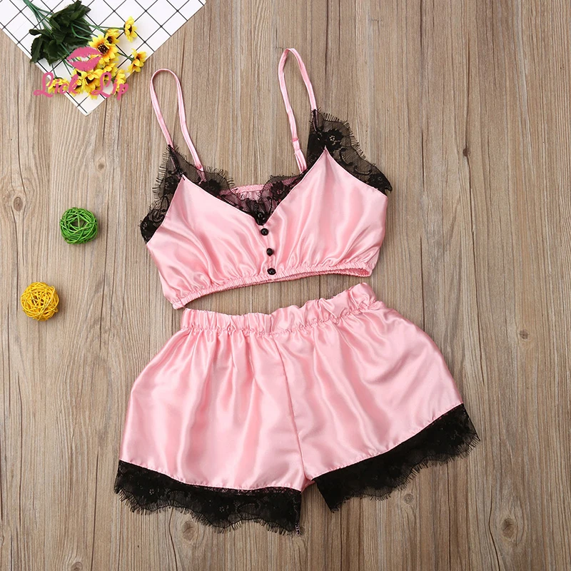 Lick губ чистого цвета Моделирование Шелковый Кружевной Край пижамы облегающая