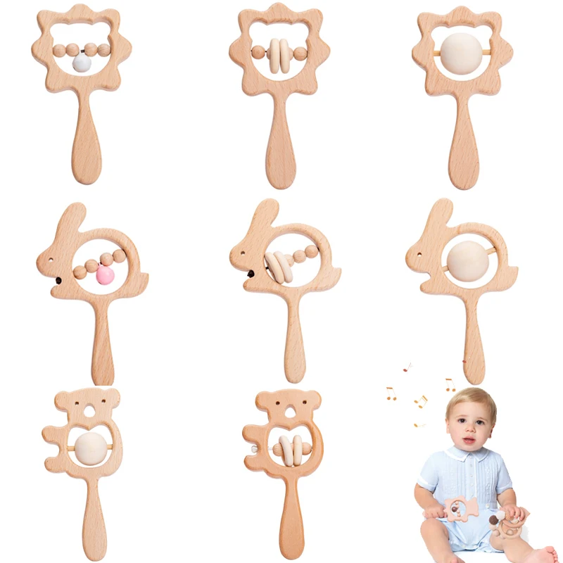 

Baby Rattle 1PC Natural Beech Wood Non-toxic Wooden Teethers For Babies Grasping Musical Rattles Animal Sensory Activity Newborn