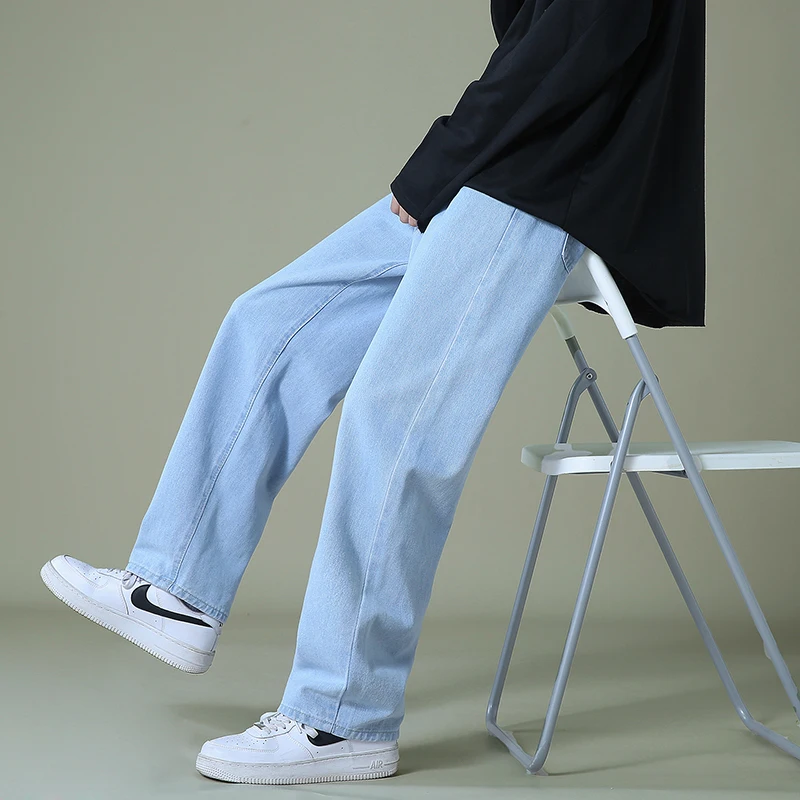 New Autumn Men Denim Wide-leg Pants Korean Style Straight Light Blue Baggy Jeans Elastic Waist Student Trousers Male Black Gray