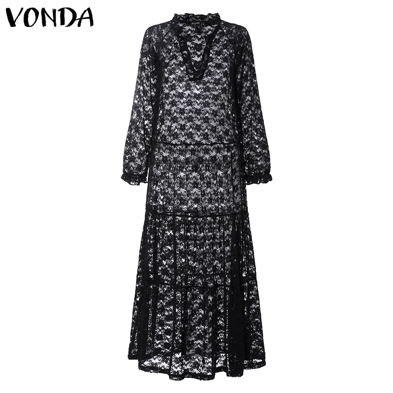 Белое кружевное платье 2020 VONDA сексуальное летнее с v образным вырезом и длинными