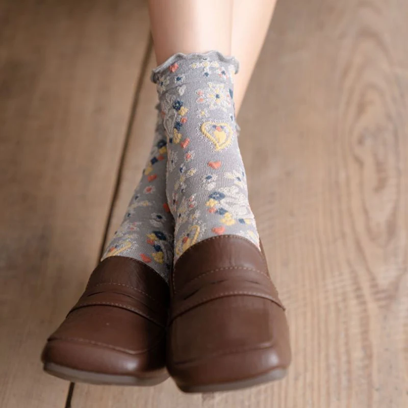 3 Pairs Long Cycling  Winter Socks Women Fashion Print Korean Cotton Socks Pack Street Style Harajuku Flowers Chaussettes Femme
