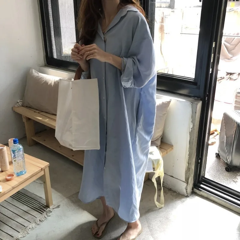 

GOOHOJIO 2020 New Cotton Linen Women Dress Spring Autumn Loose Plus Size Dress Casual Long Sleeve Nature Turn Down Collar Dress