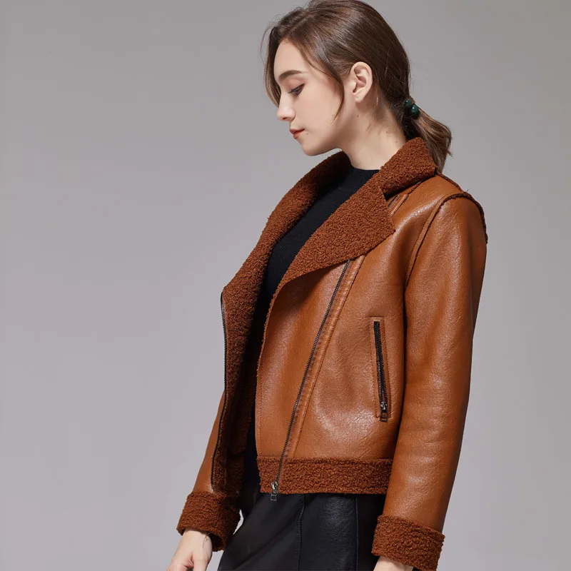 Women Leather Jackets Girls Designer PU Fashion Zip Up Biker Coat Overcoats Short Slim-Fit Lapel Fur Autumn and Winter 2020 enlarge
