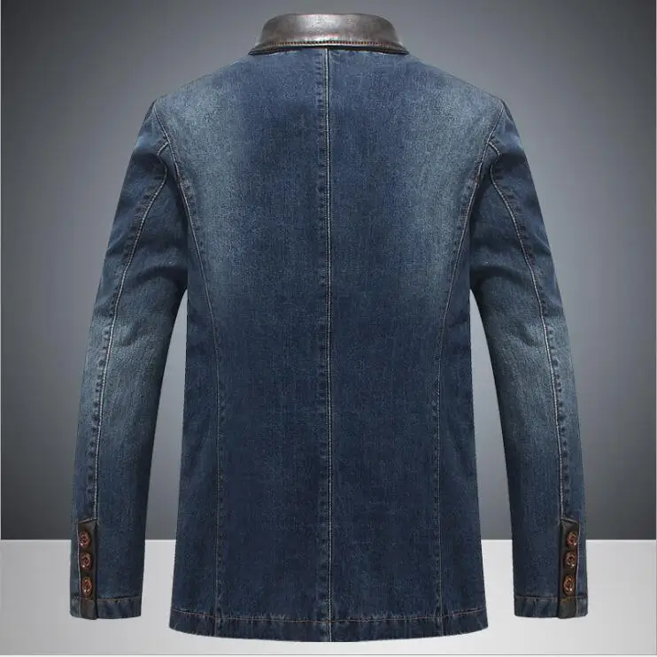 Autumn Fashion Male Slim Fit Casual Denim Suit Jacket Men Stitching leather Blazer Terno Masculino Brand Mens Denim Blazer