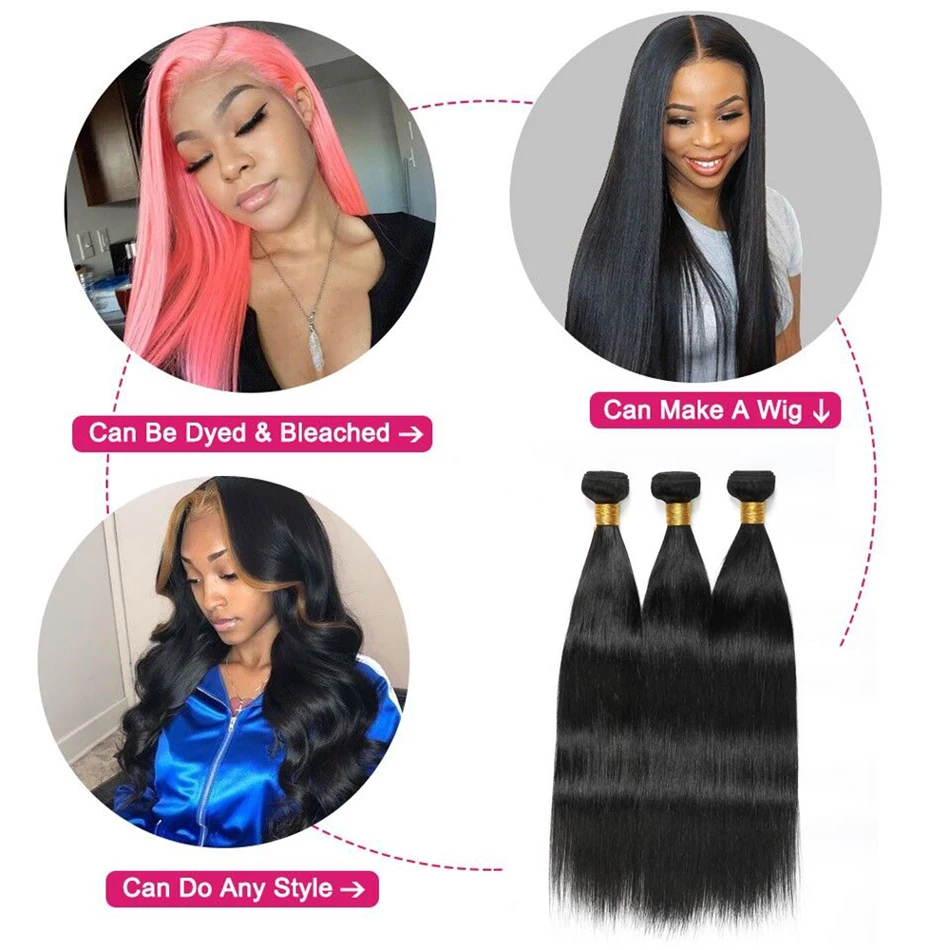 Straight Human Hair Bundles With Closure Brazilian 3 150% Density 4x4 Lace Wig Natural Black |